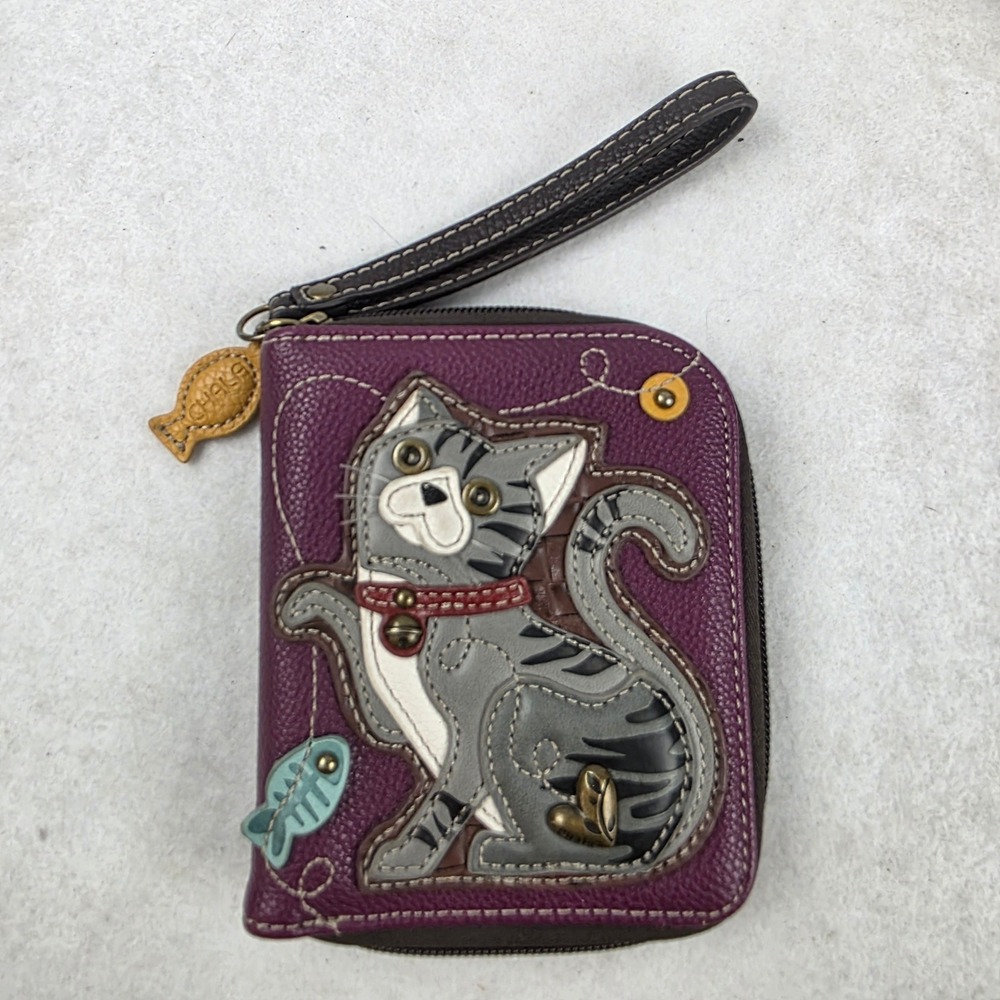 CHALA Cat Fish Zip Around Wallet Wristlet Purple Gray Applique Animal Lover